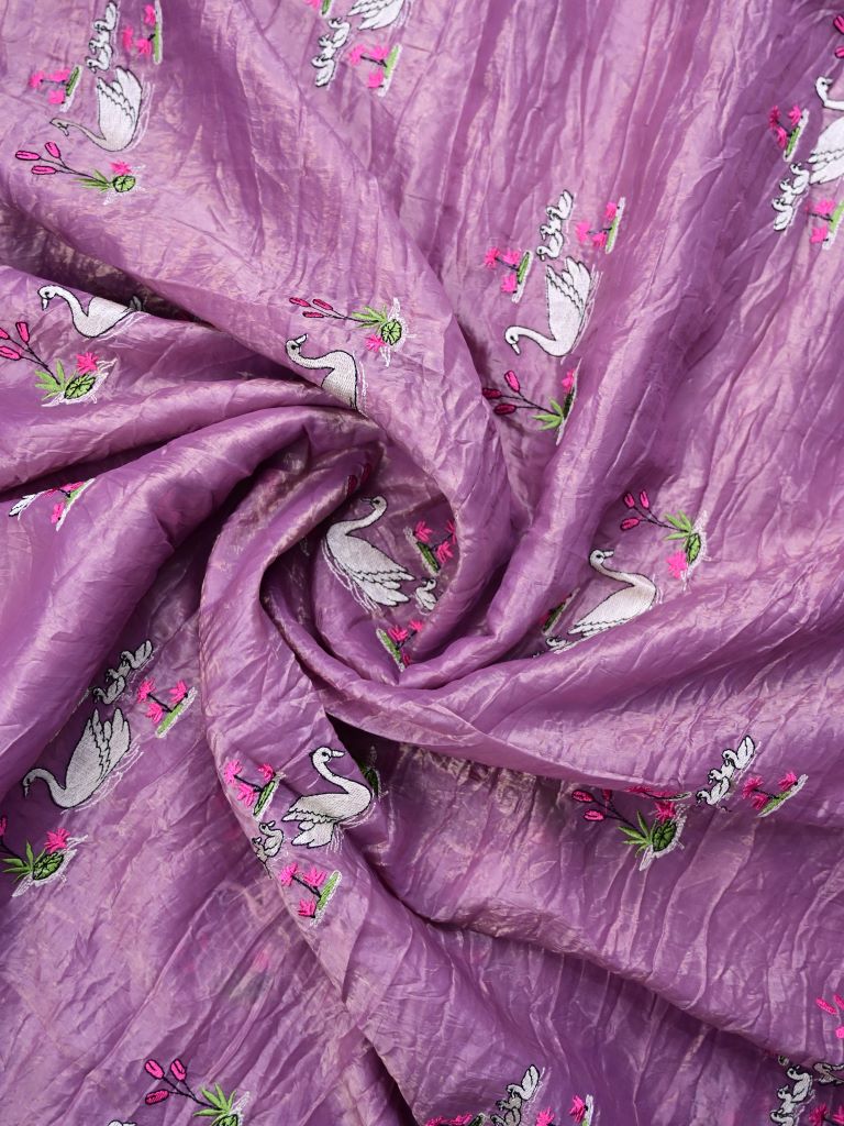 Soft organza fancy saree purple color allover embroidery & embroidery border with running pallu and self blouse