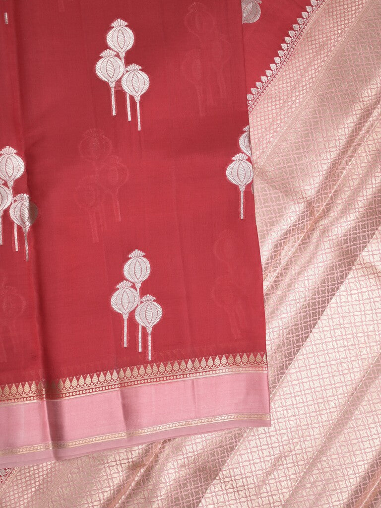 Raw mango pattu saree red color allover zari weaves & small kaddi border with brocade pallu and contrast blouse