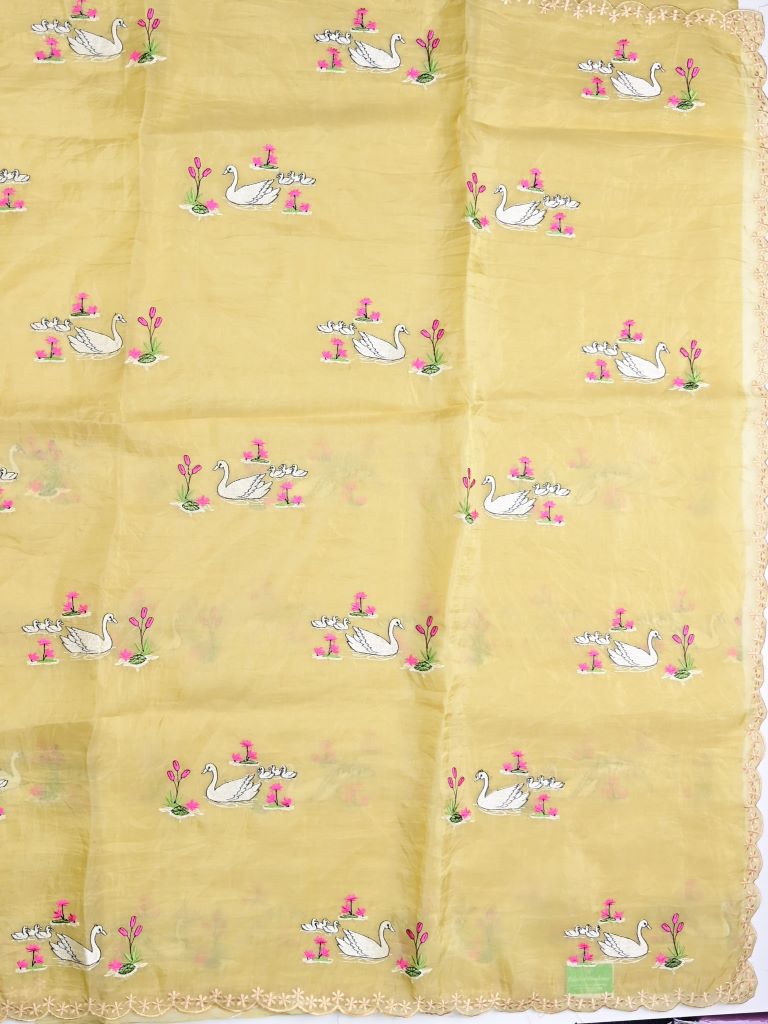 Soft organza fancy saree light yellow color allover embroidery & embroidery border with running pallu and self blouse