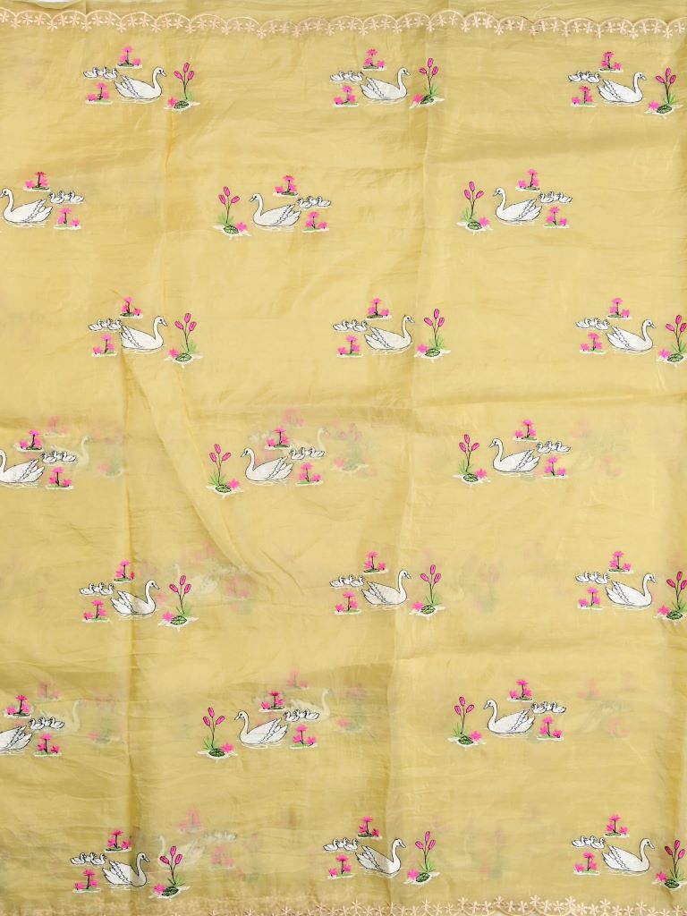 Soft organza fancy saree light yellow color allover embroidery & embroidery border with running pallu and self blouse