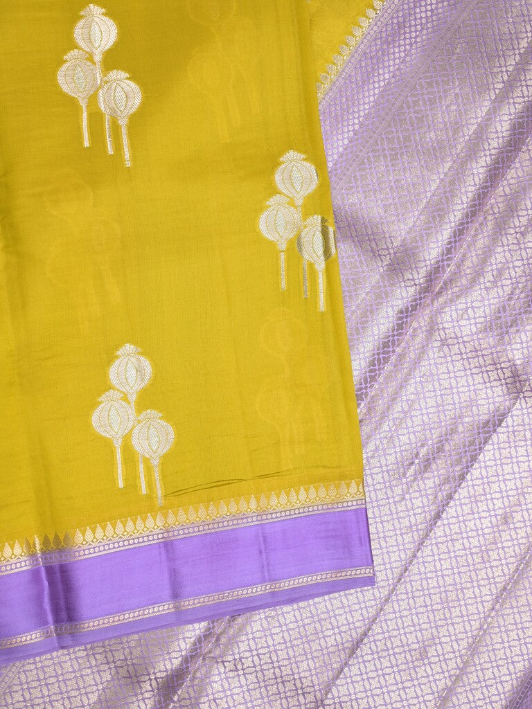 Raw mango pattu saree greenish yellow color allover zari weaves & small kaddi border with brocade pallu and contrast blouse
