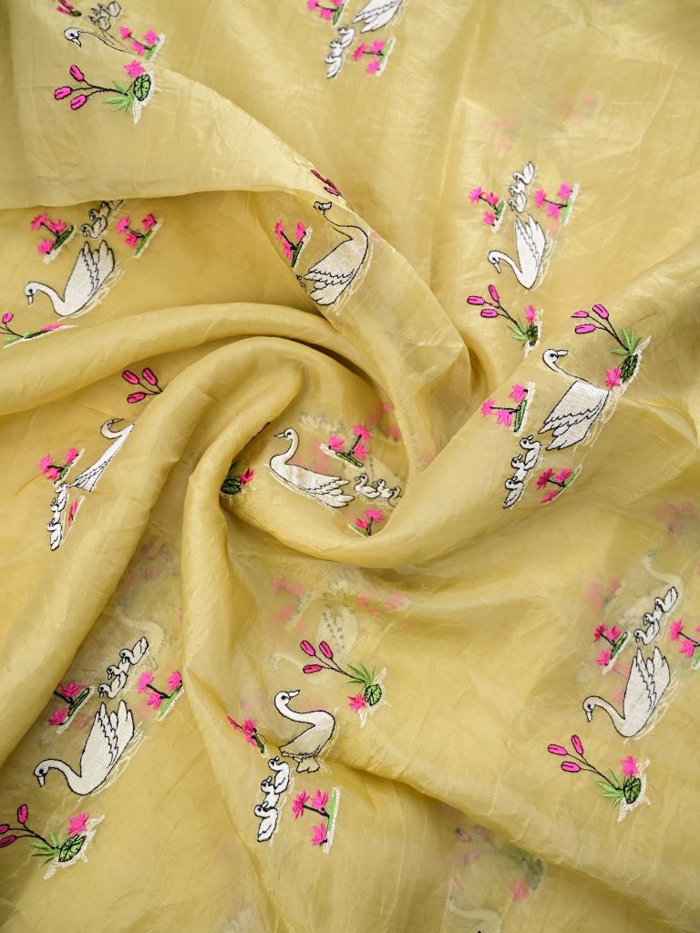 Soft organza fancy saree light yellow color allover embroidery & embroidery border with running pallu and self blouse