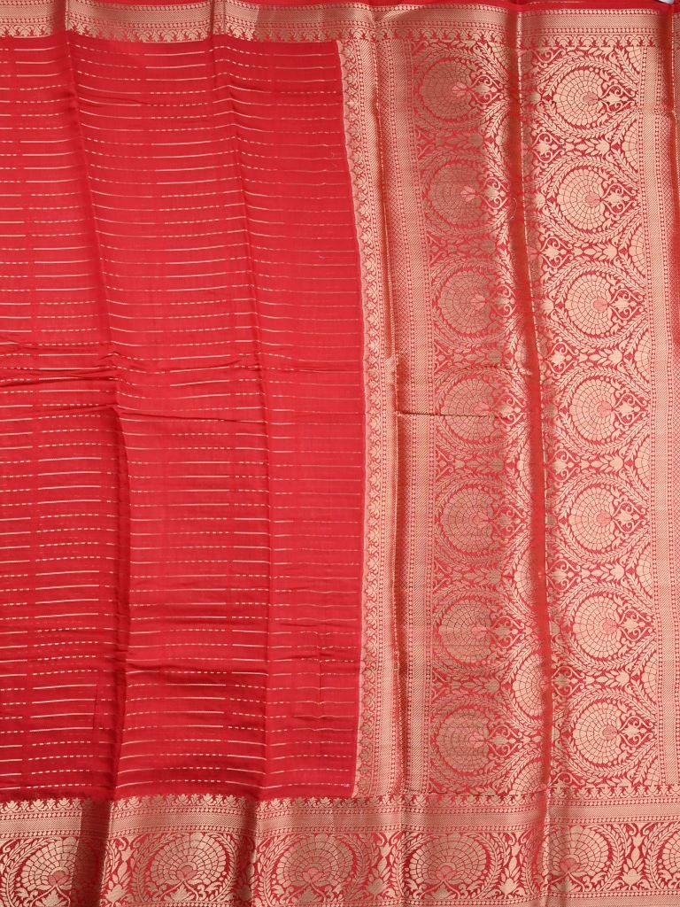 Dupion fancy saree red color allover zari stripes & zari weaving border with rich pallu and brocade blouse