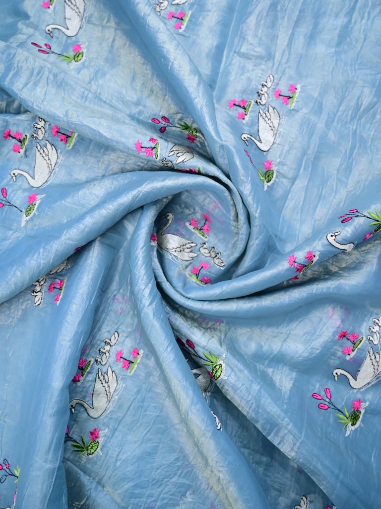 Soft organza fancy saree sky blue color allover embroidery & embroidery border with running pallu and self blouse