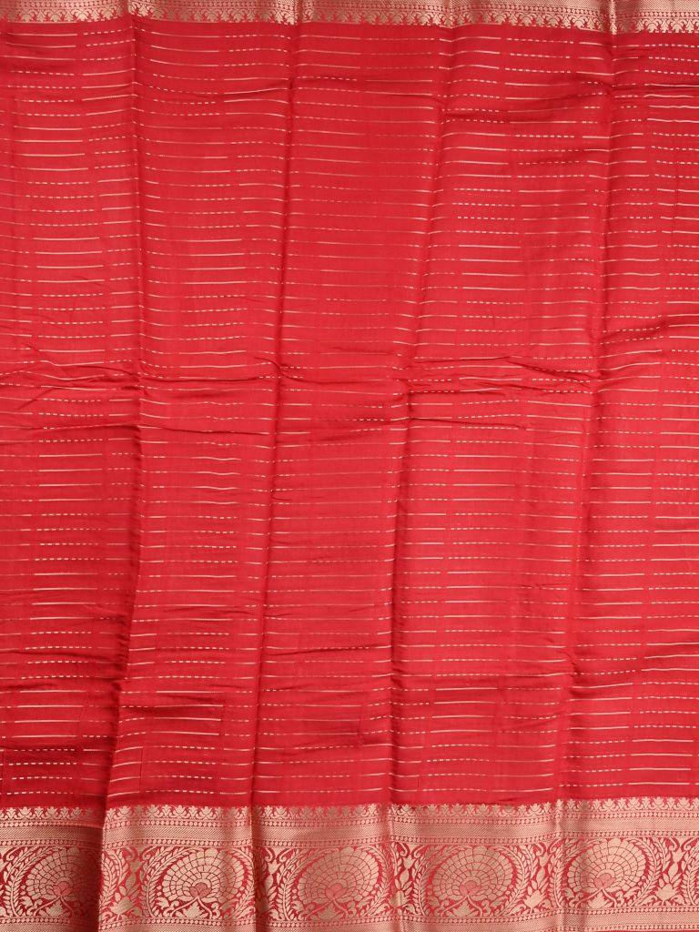 Dupion fancy saree red color allover zari stripes & zari weaving border with rich pallu and brocade blouse