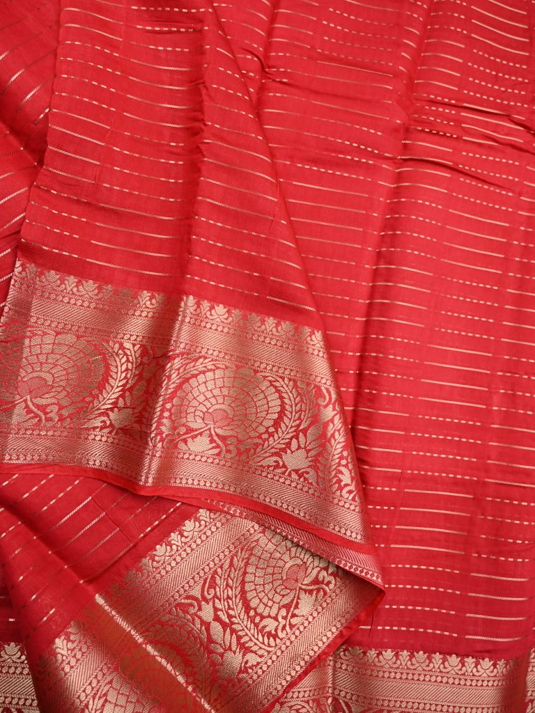 Dupion fancy saree red color allover zari stripes & zari weaving border with rich pallu and brocade blouse