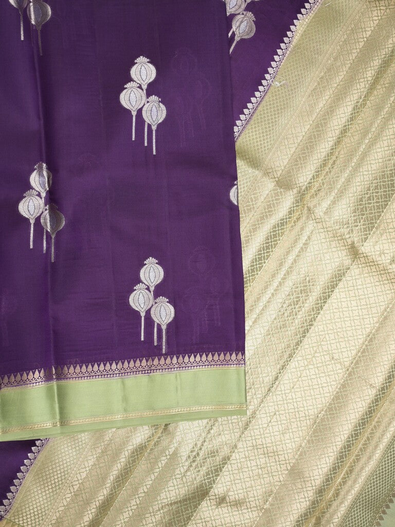 Raw mango pattu saree violet color allover zari weaves & small kaddi border with brocade pallu and contrast blouse