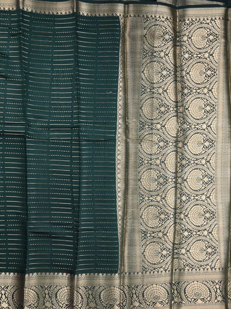 Dupion fancy saree dark green color allover zari stripes & zari weaving border with rich pallu and brocade blouse