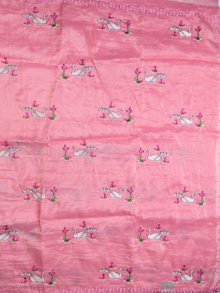 Soft organza fancy saree baby pink color allover embroidery & embroidery border with running pallu and self blouse