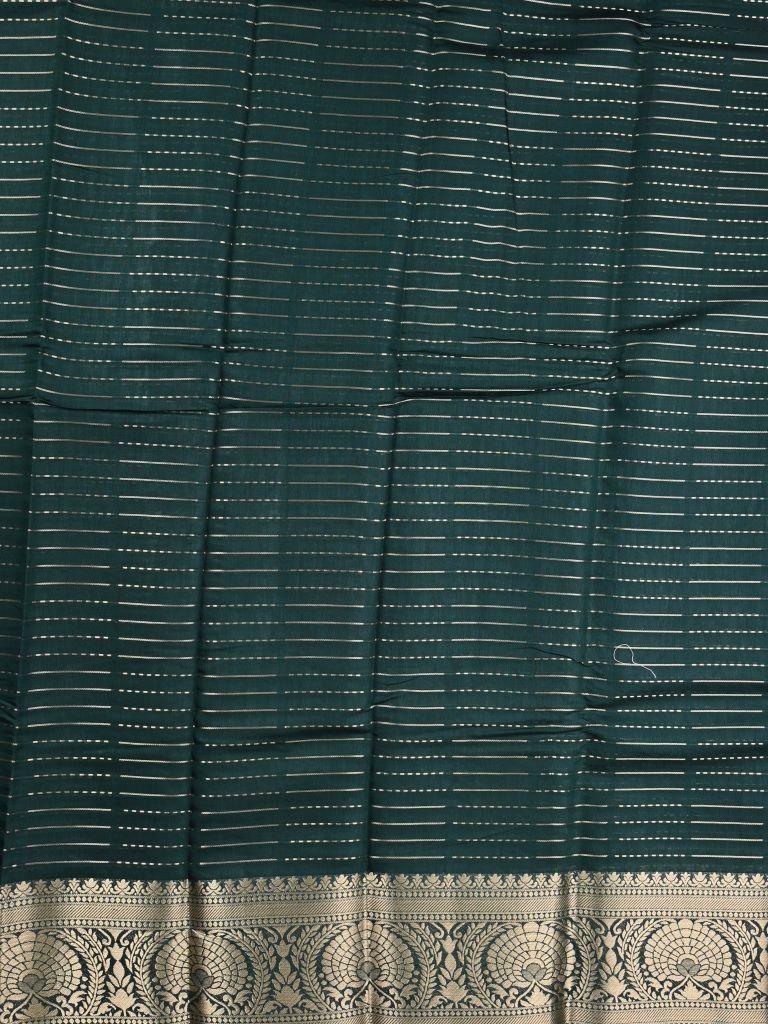 Dupion fancy saree dark green color allover zari stripes & zari weaving border with rich pallu and brocade blouse