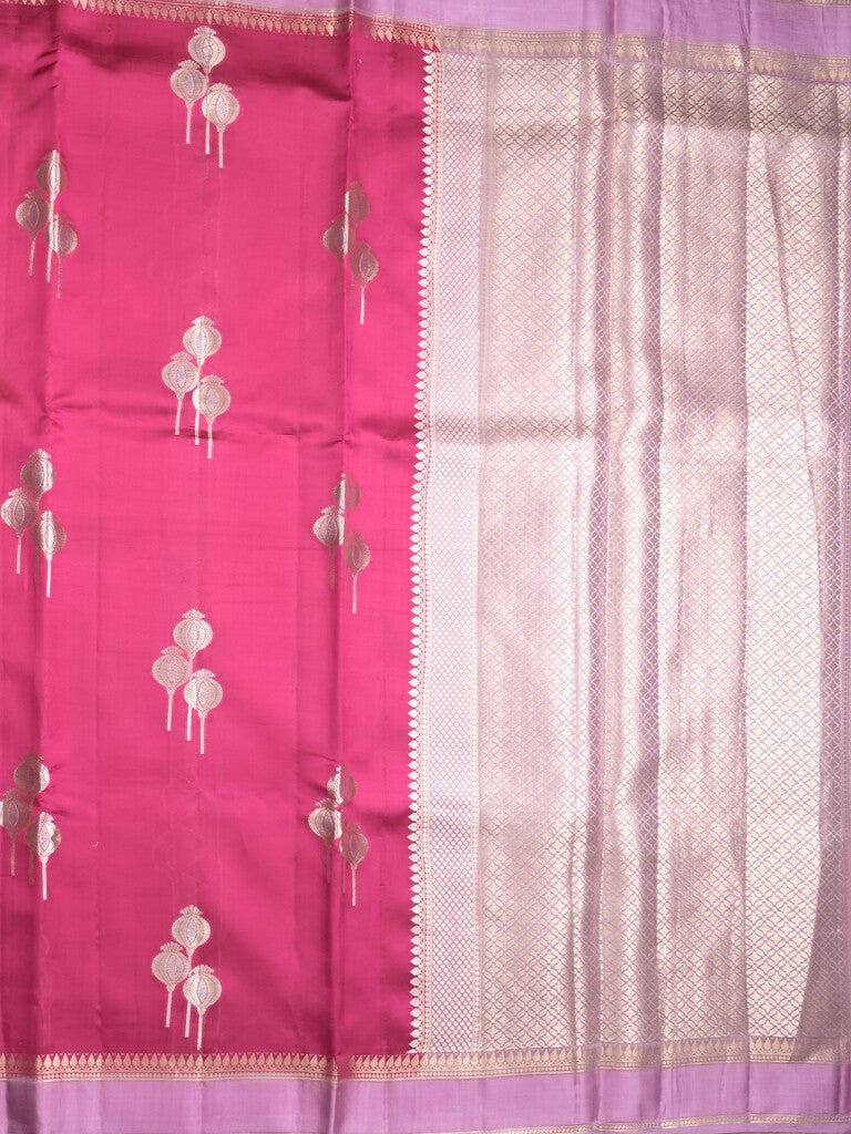 Raw mango pattu saree magenta pink color allover zari weaves & small kaddi border with brocade pallu and contrast blouse