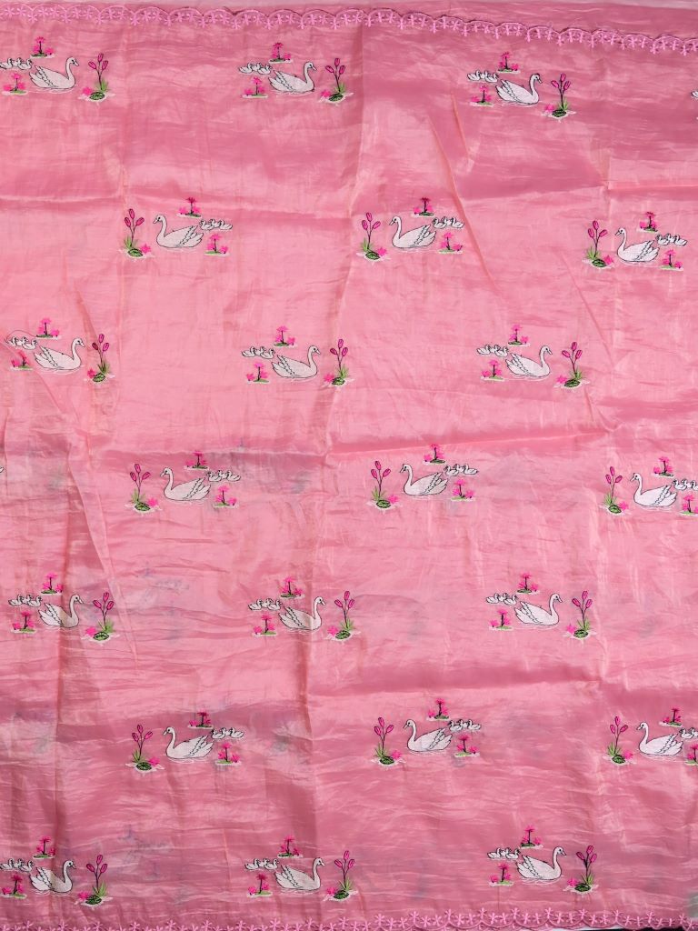 Soft organza fancy saree baby pink color allover embroidery & embroidery border with running pallu and self blouse