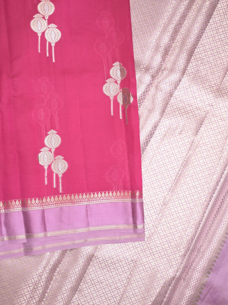 Raw mango pattu saree magenta pink color allover zari weaves & small kaddi border with brocade pallu and contrast blouse
