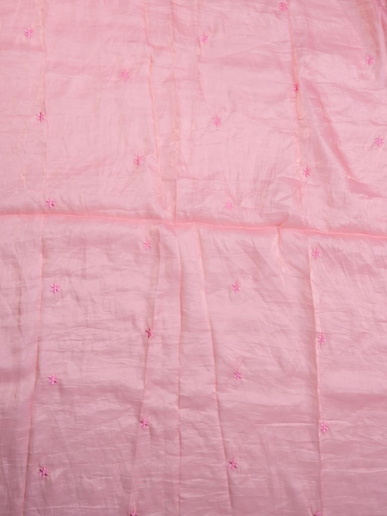 Soft organza fancy saree baby pink color allover embroidery & embroidery border with running pallu and self blouse