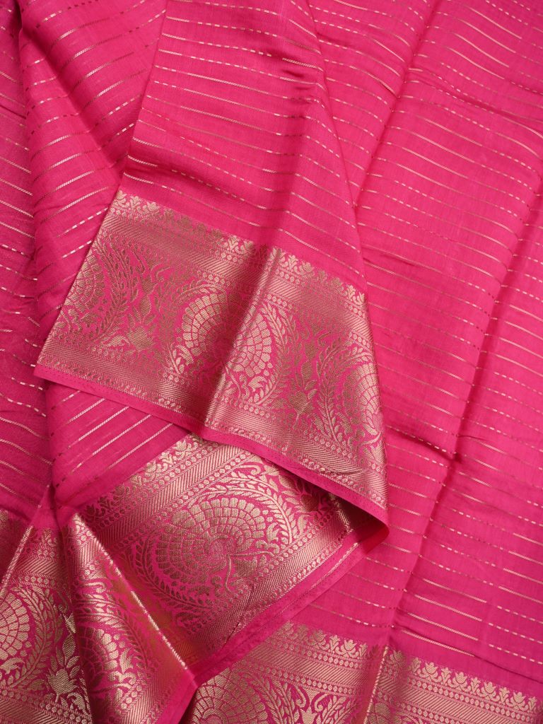 Dupion fancy saree pink color allover zari stripes & zari weaving border with rich pallu and brocade blouse