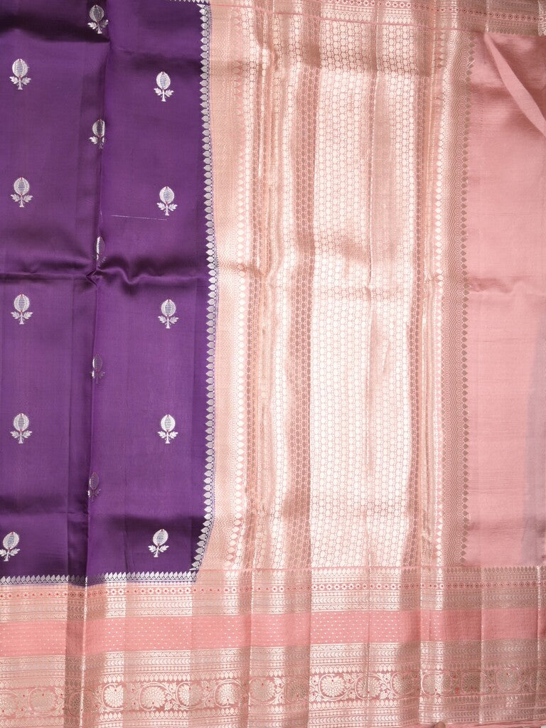 Raw mango pattu saree violet color allover zari weaves & zari border with brocade pallu and contrast plain blouse