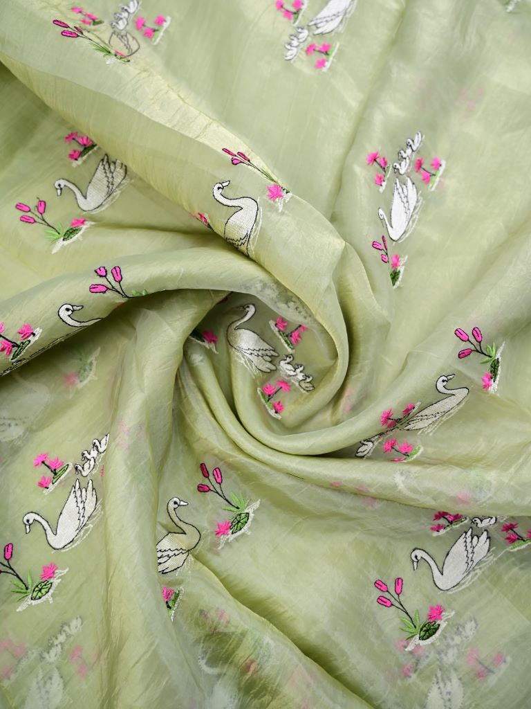 Soft organza fancy saree light pista green color allover embroidery & embroidery border with running pallu and self blouse