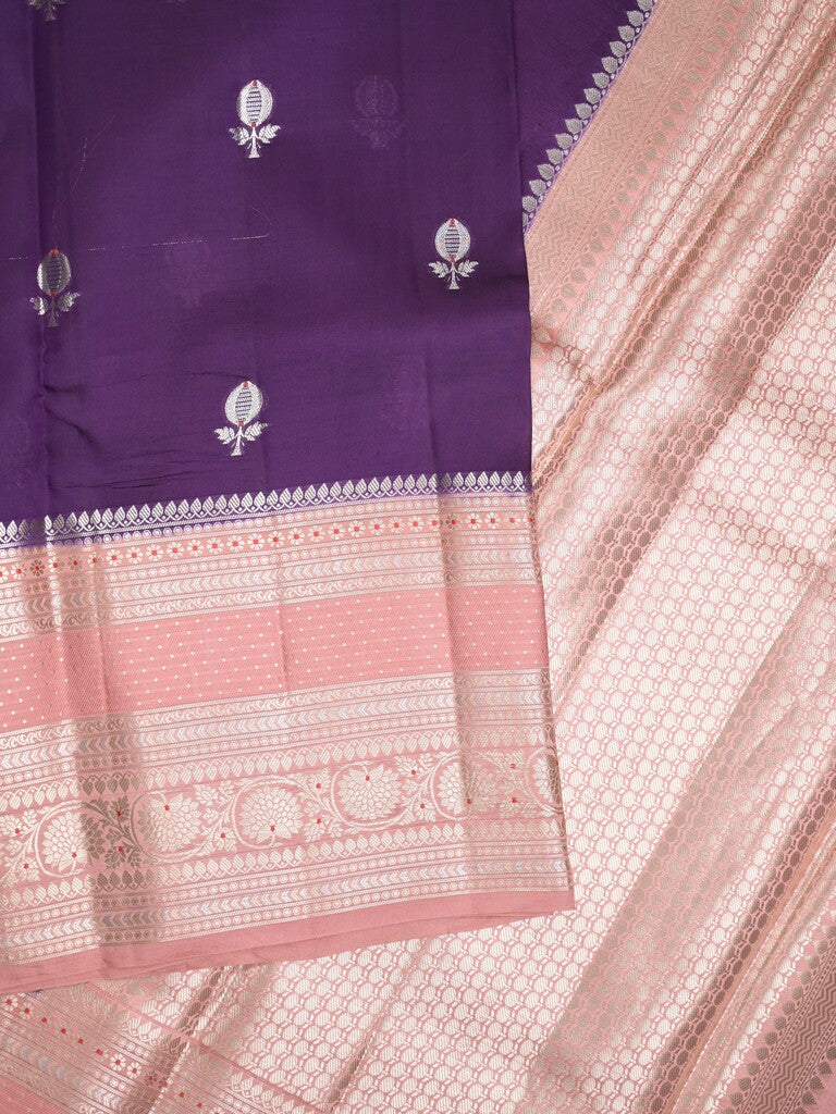 Raw mango pattu saree violet color allover zari weaves & zari border with brocade pallu and contrast plain blouse