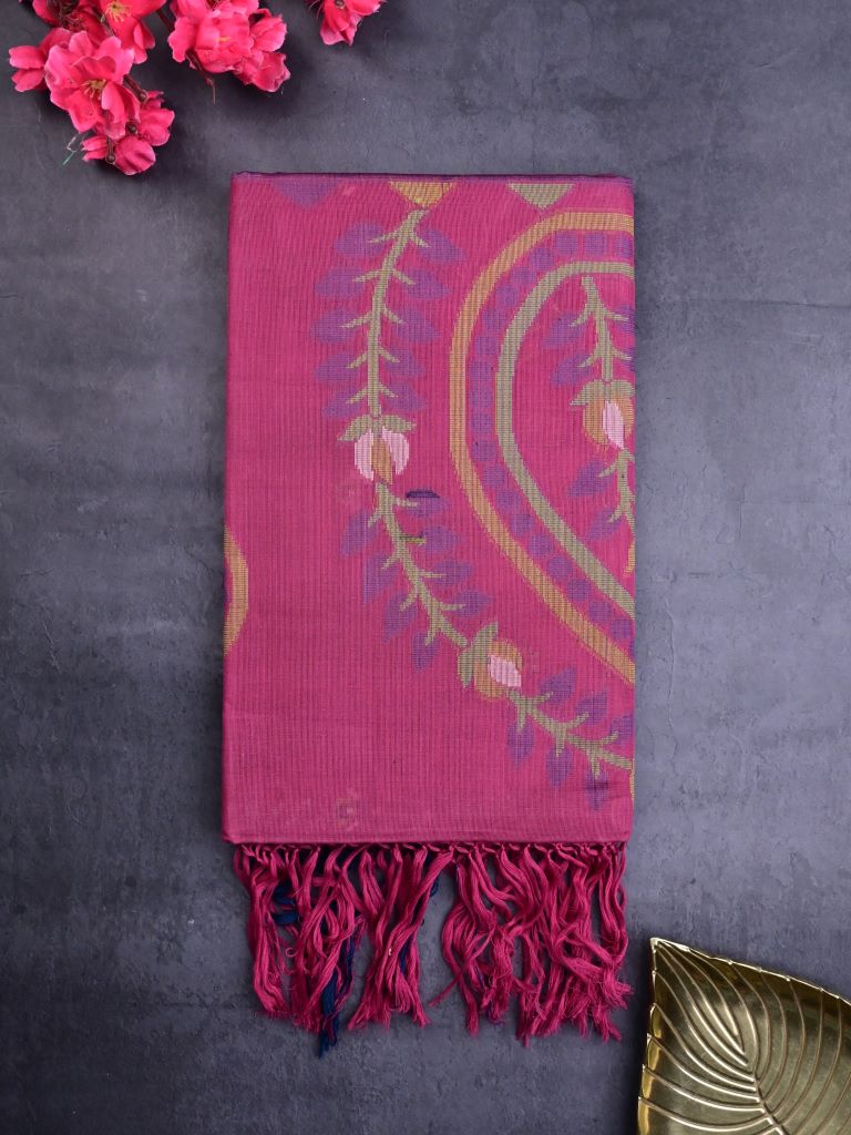 Bengali cotton saree magenta color allover motifs & small kaddi border with weaving pallu