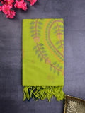 Bengali cotton saree parrot green color allover motifs & small kaddi border with weaving pallu