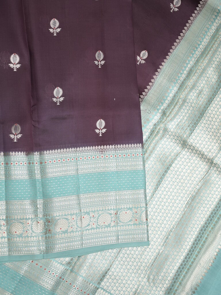Raw mango pattu saree dark wine color allover zari weaves & zari border with brocade pallu and contrast plain blouse