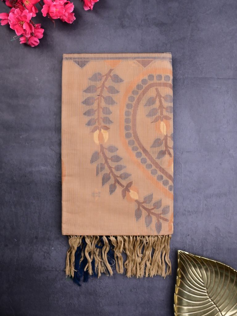 Bengali cotton saree beige color allover motifs & small kaddi border with weaving pallu