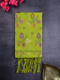 Bengali cotton saree parrot green color allover motifs & small kaddi border with weaving pallu