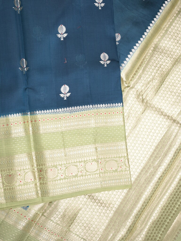 Raw mango pattu saree peacock blue color allover zari weaves & zari border with brocade pallu and contrast plain blouse