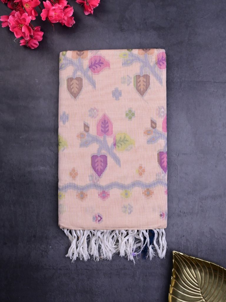 Bengali cotton saree baby pink color allover motifs & small kaddi border with weaving pallu