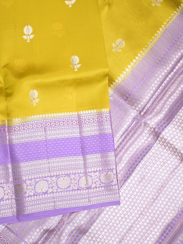 Raw mango pattu saree golden yellow color allover zari weaves & zari border with brocade pallu and contrast plain blouse