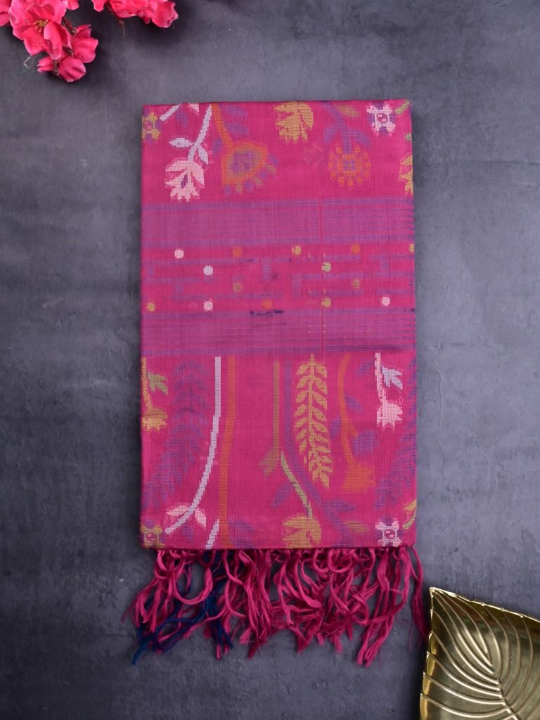 Bengali cotton saree magenta color allover weaves & small kaddi border with weaving pallu