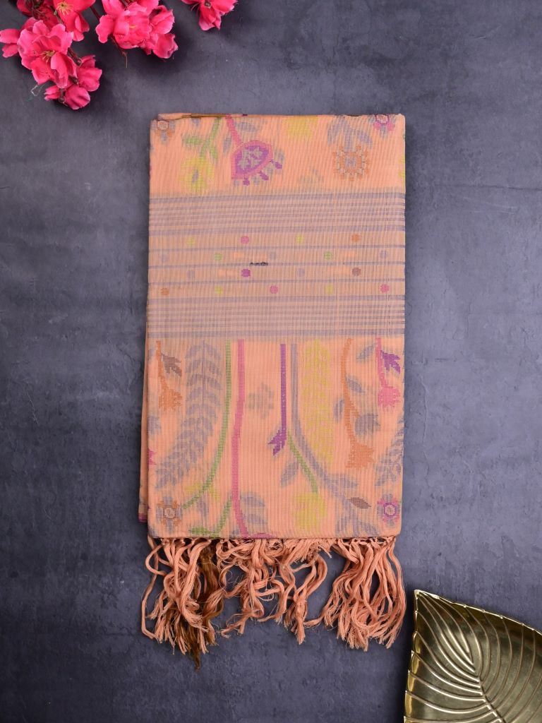 Bengali cotton saree peach color allover weaves & small kaddi border with weaving pallu