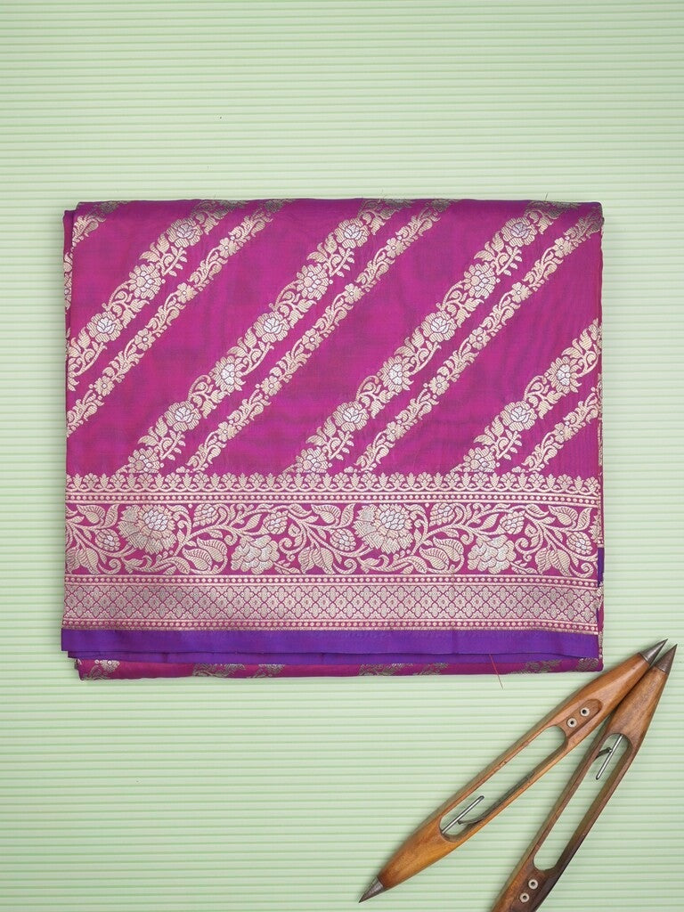 Banaras fancy saree purple color allover zari stripes & zari border with rich pallu and attached brocade blouse