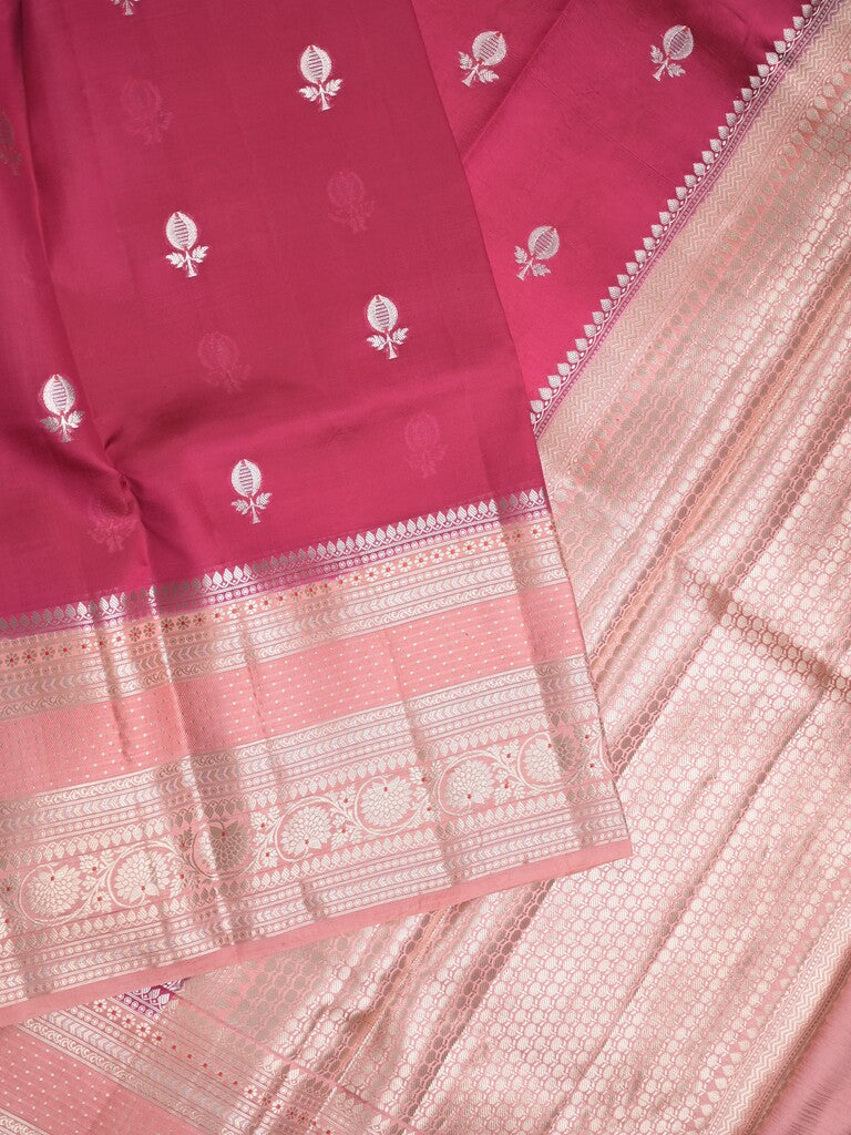 Raw mango pattu saree hot pink color allover zari weaves & zari border with brocade pallu and contrast plain blouse