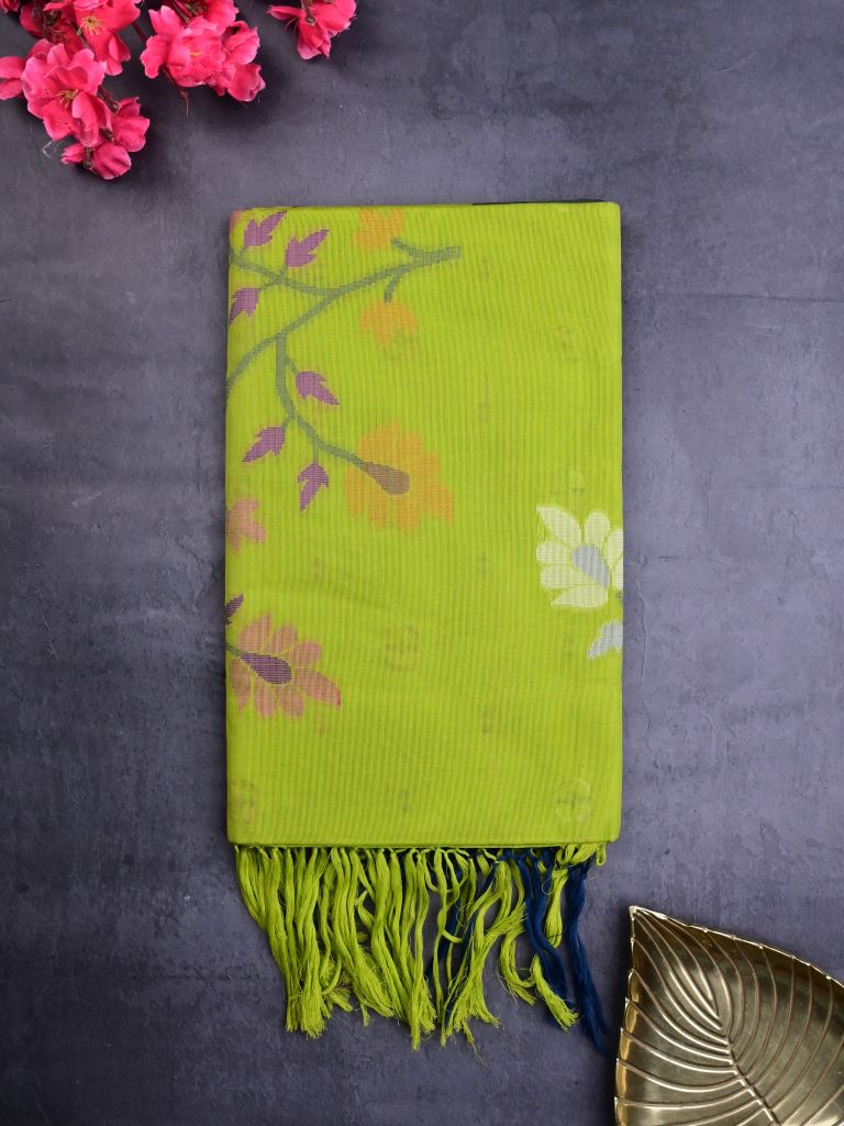 Bengali cotton saree parrot green color allover motifs & small kaddi border with weaving pallu