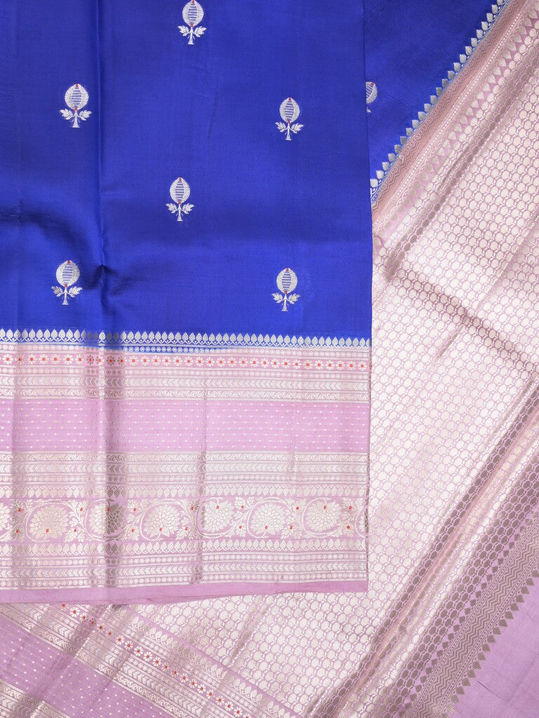 Raw mango pattu saree royal blue color allover zari weaves & zari border with brocade pallu and contrast plain blouse