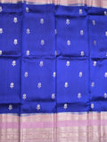 Raw mango pattu saree royal blue color allover zari weaves & zari border with brocade pallu and contrast plain blouse