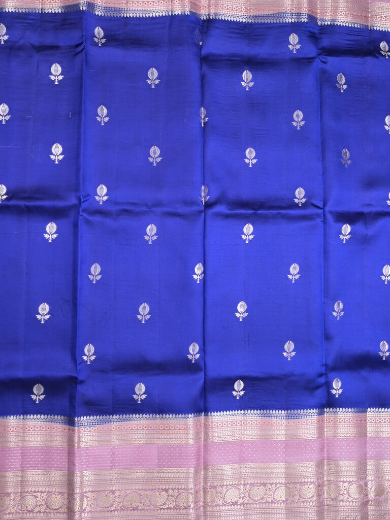 Raw mango pattu saree royal blue color allover zari weaves & zari border with brocade pallu and contrast plain blouse