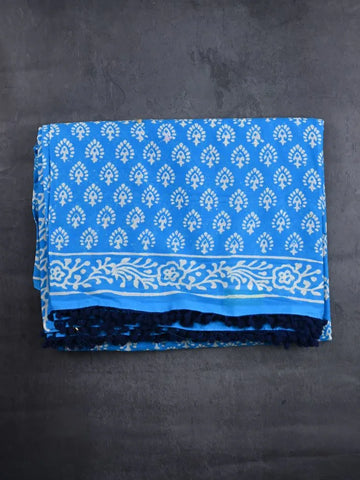 Mul mul cottton saree sky blue color allover prints & fancy border with printed pallu and attached plain blouse