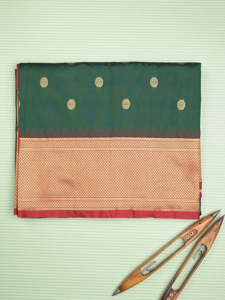 Banaras fancy saree bottle green color allover zari motifs & zari border with paithani pallu and contrast plain blouse