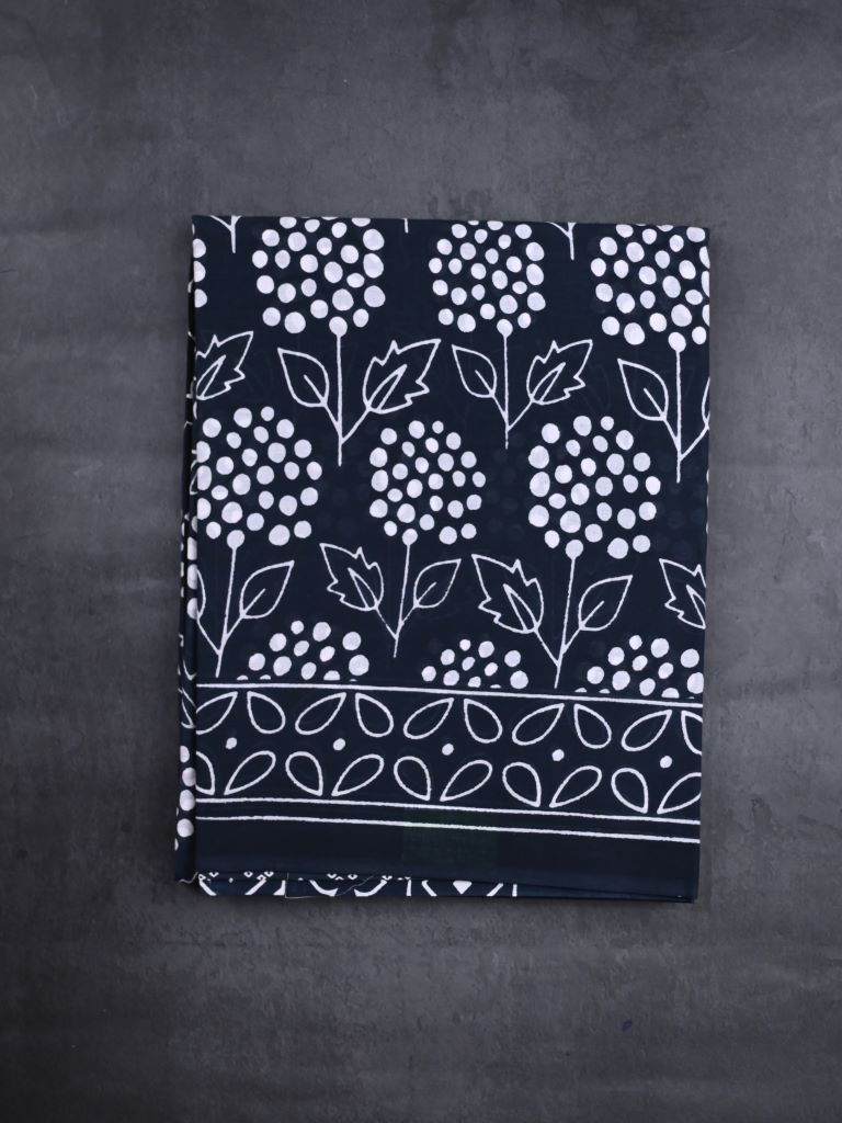 Cotton printed saree black color allover prints & printed border with printed pallu and contrast printed blouse