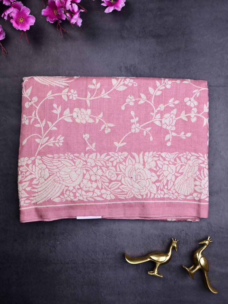 Tussar fancy saree baby pink color allover embroidery & embroidery border with running pallu and attached plain blouse