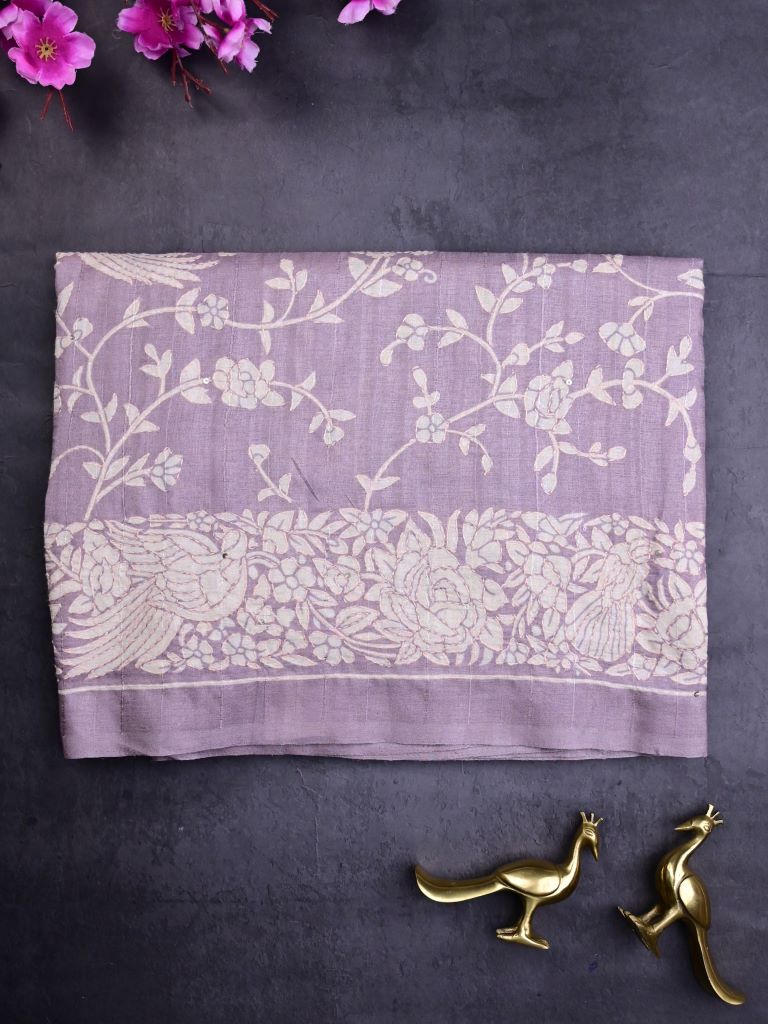 Tussar fancy saree lavender color allover embroidery & embroidery border with running pallu and attached plain blouse