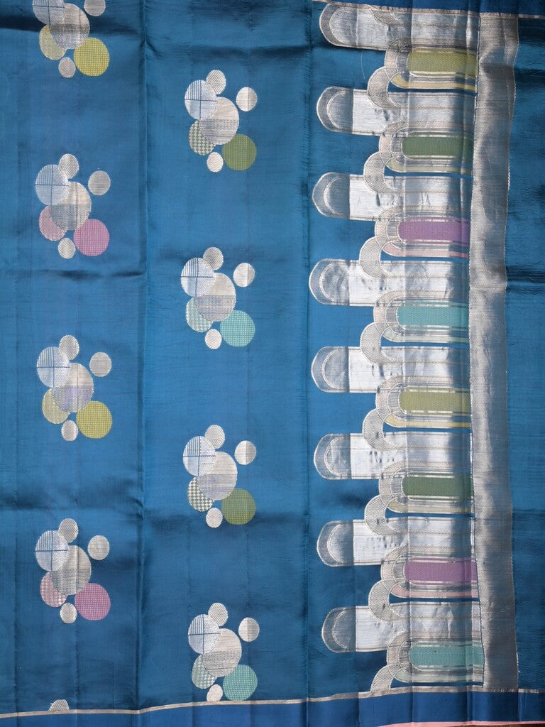 Raw mango pattu saree peacock blue color allover zari weaves & small kaddi border with short pallu and contrast blouse