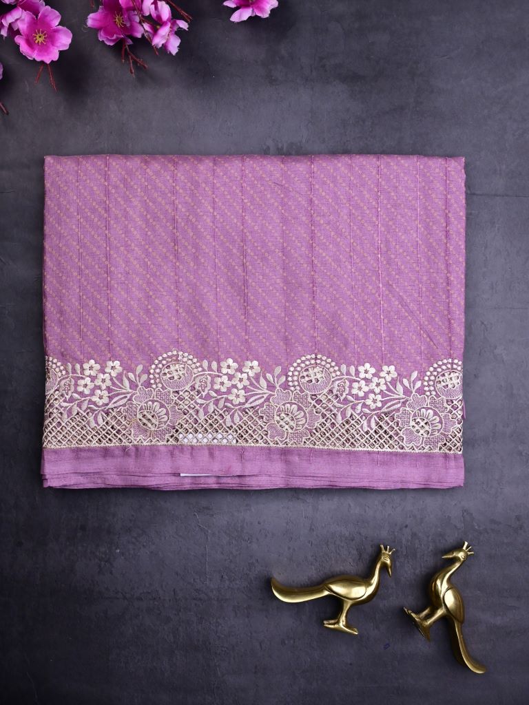 Tussar fancy saree purple color allover plain & embroidery border with running pallu and attached plain blouse