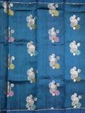 Raw mango pattu saree peacock blue color allover zari weaves & small kaddi border with short pallu and contrast blouse