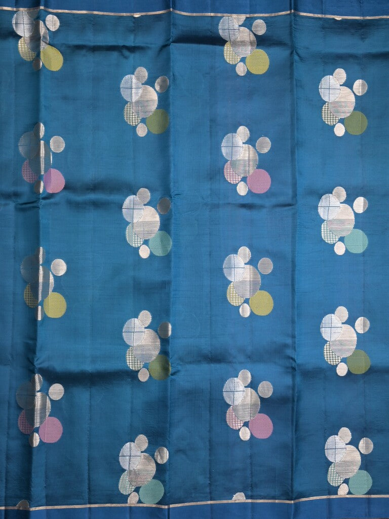 Raw mango pattu saree peacock blue color allover zari weaves & small kaddi border with short pallu and contrast blouse