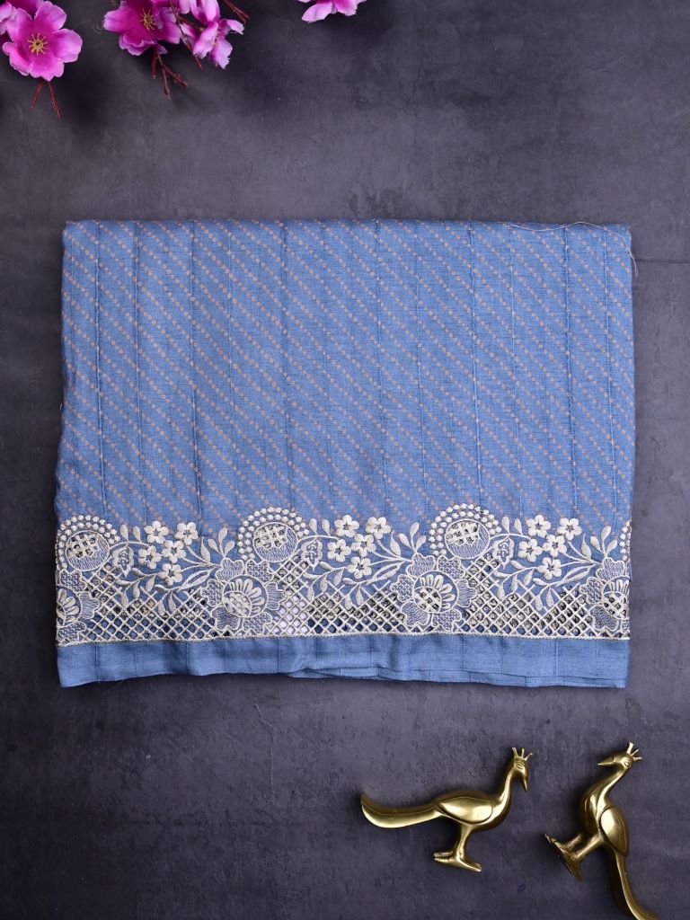 Tussar fancy saree sky blue color allover plain & embroidery border with running pallu and attached plain blouse