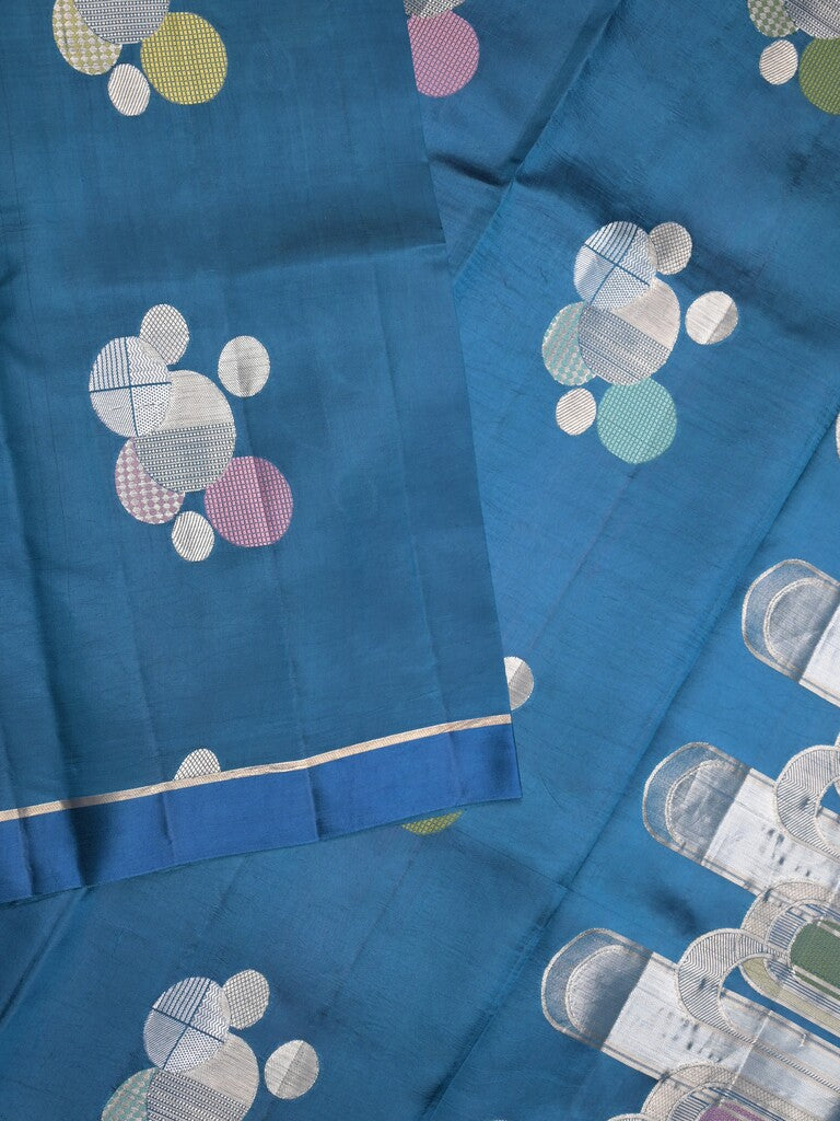 Raw mango pattu saree peacock blue color allover zari weaves & small kaddi border with short pallu and contrast blouse