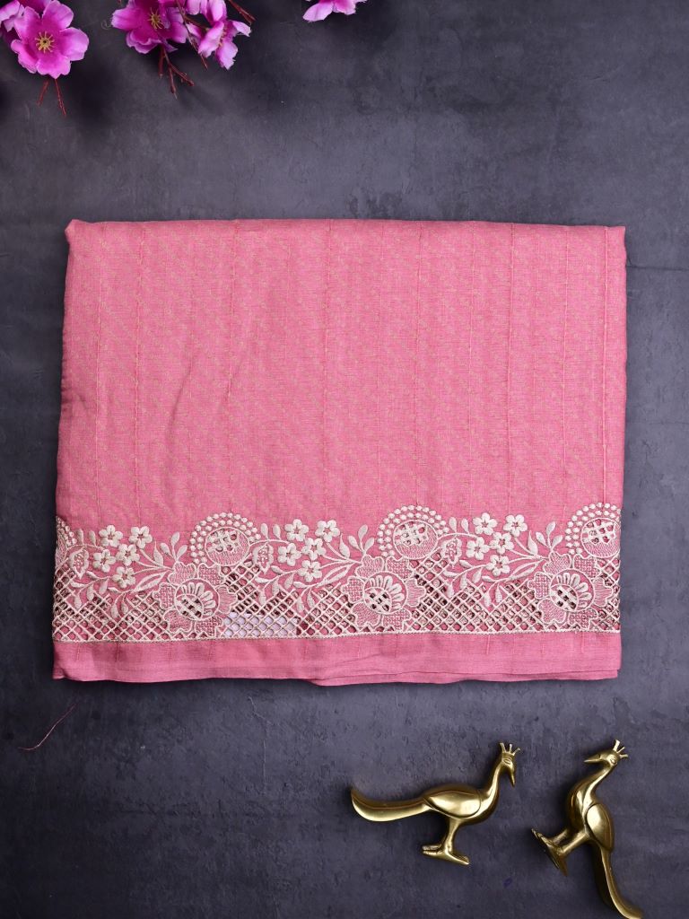 Tussar fancy saree baby pink color allover plain & embroidery border with running pallu and attached plain blouse